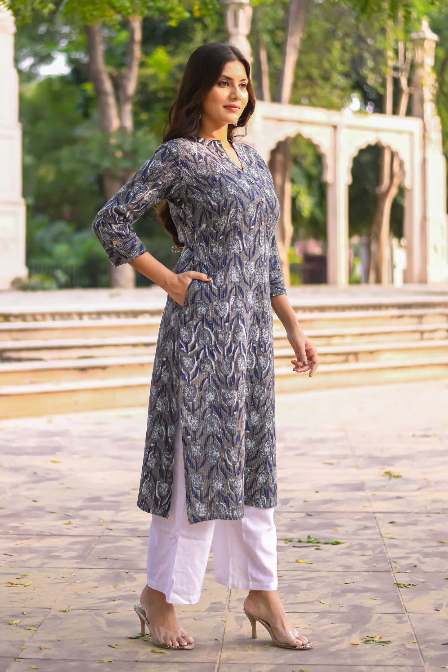 Grey &#038; Navy Blue Motif Printed Straight Kurta with Pocket