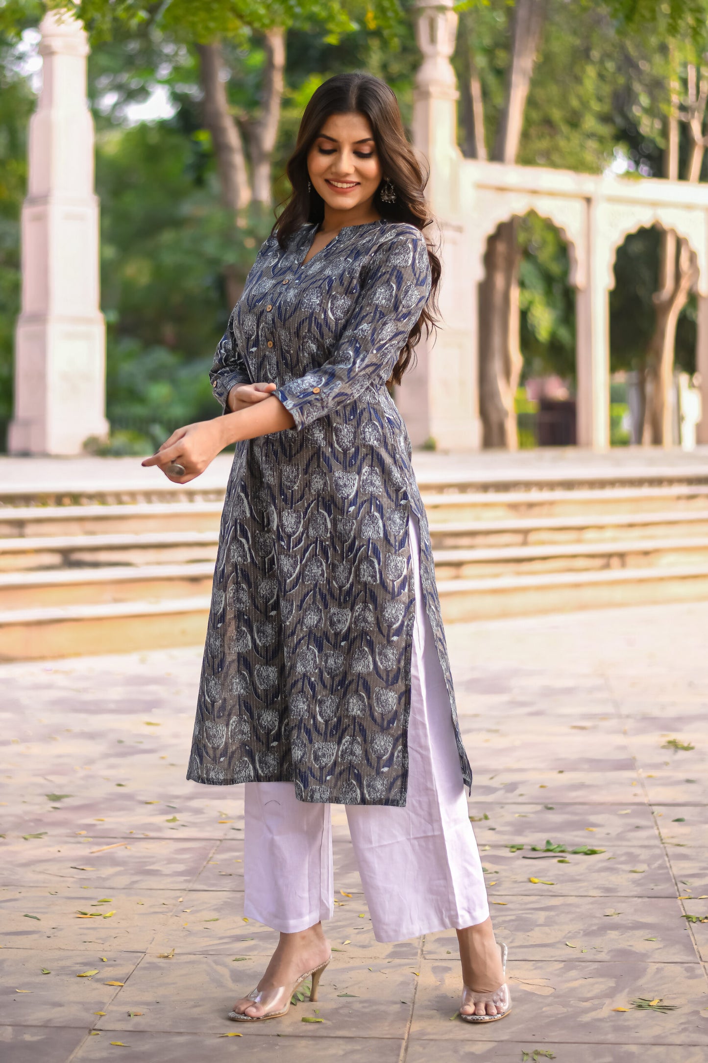 Grey &#038; Navy Blue Motif Printed Straight Kurta with Pocket