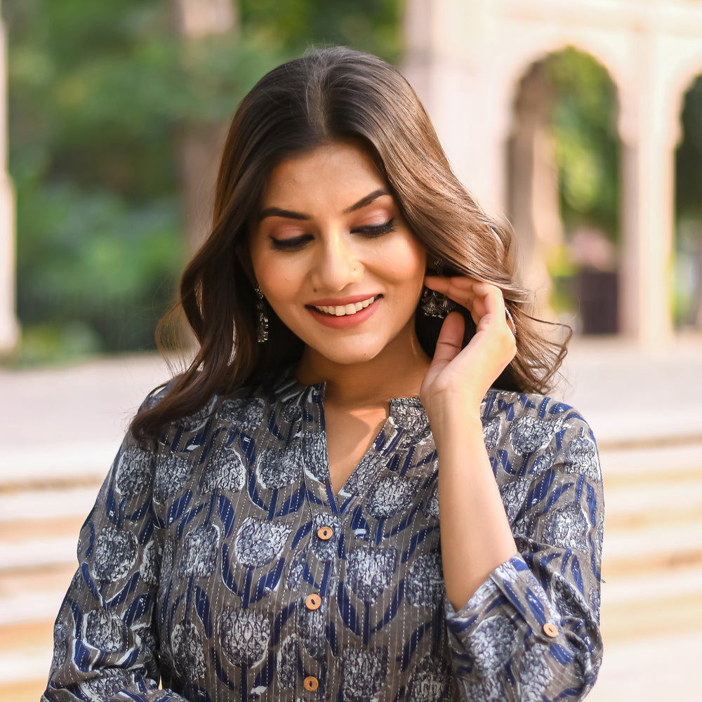 Grey and Navy Blue Motif Print Straight Cut kurta