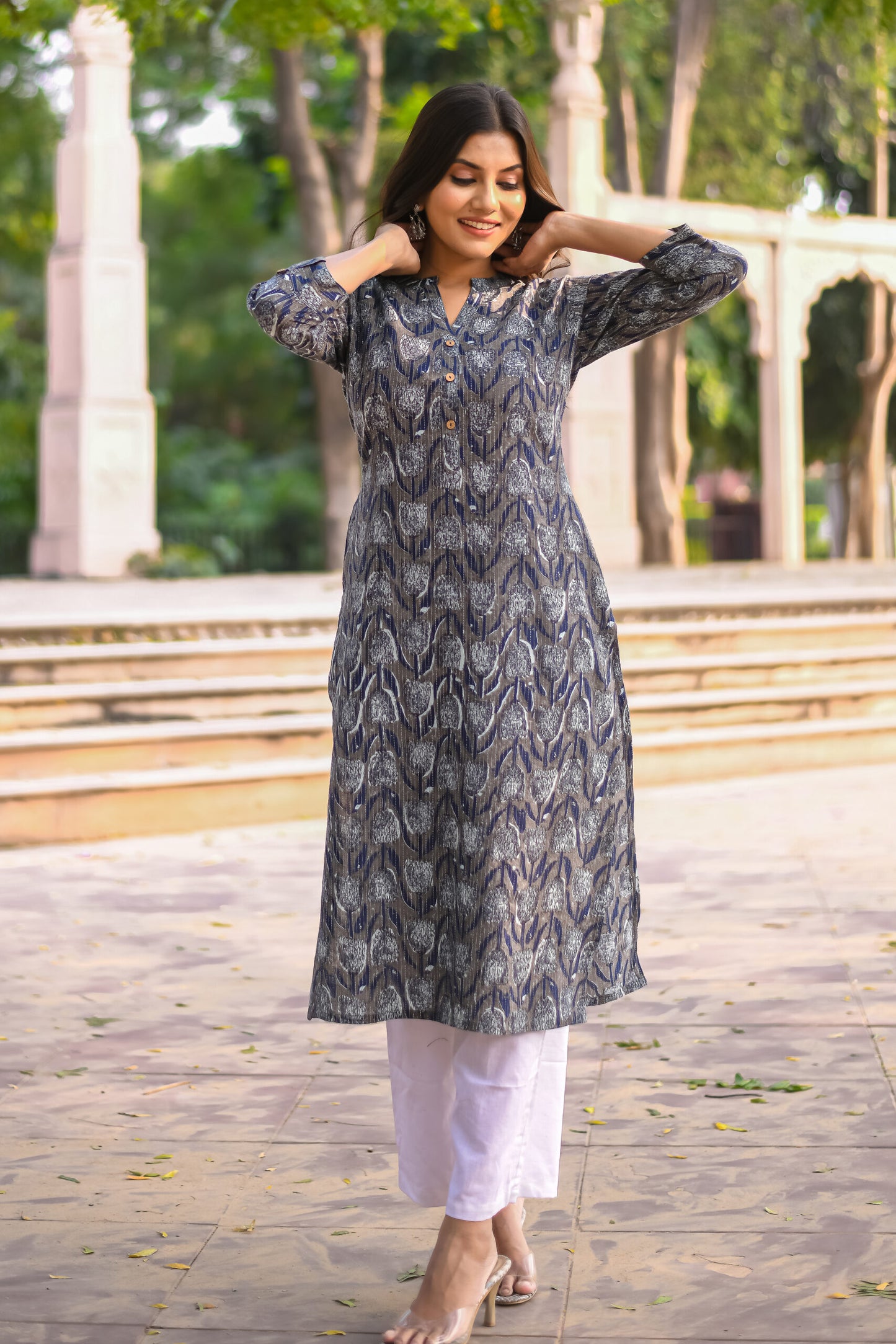 Grey &#038; Navy Blue Motif Printed Straight Kurta with Pocket