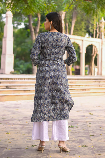 Grey &#038; Navy Blue Motif Printed Straight Kurta with Pocket