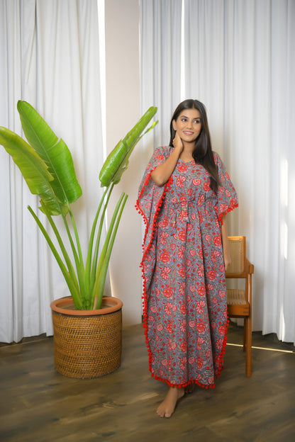 Grey Froral Printed Long Kaftan with Red Pom Pom Lace