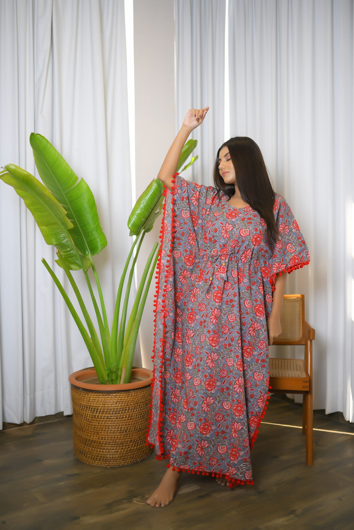 Grey Froral Printed Long Kaftan with Red Pom Pom Lace