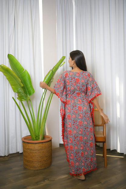 Grey Froral Printed Long Kaftan with Red Pom Pom Lace