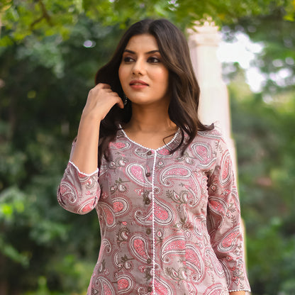 Grey Paisley Printed A-Line Kurta with Pocket