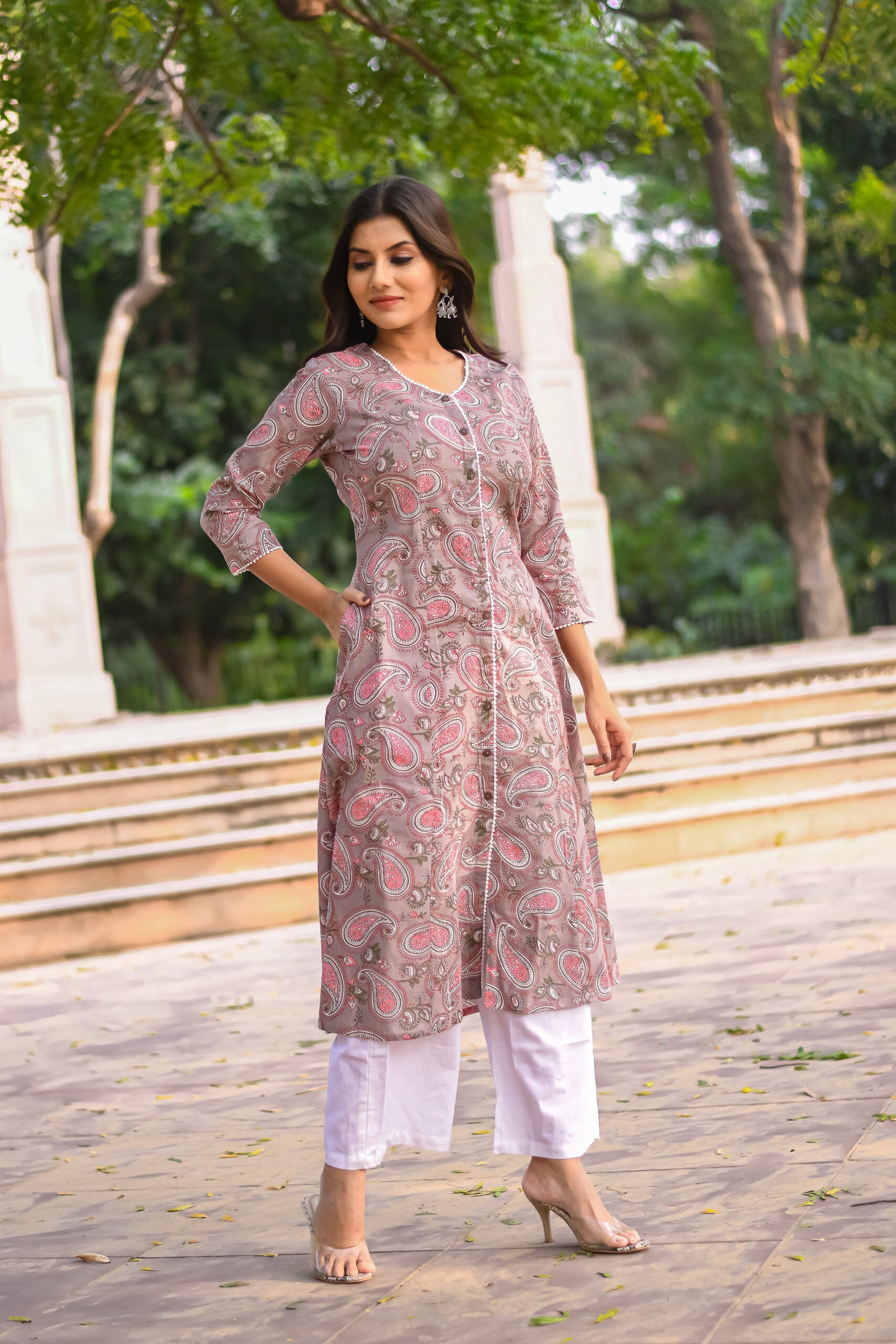 Grey Paisley Printed A-Line Kurta with Pocket