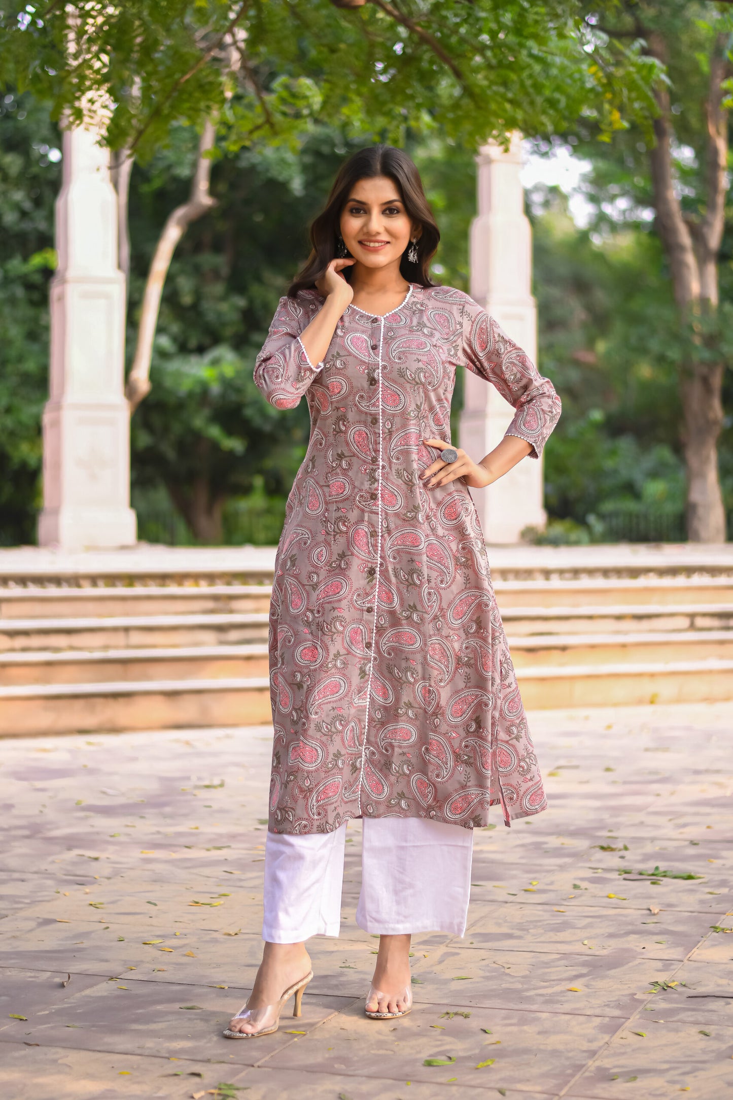 Grey Paisley Printed A-Line Kurta with Pocket