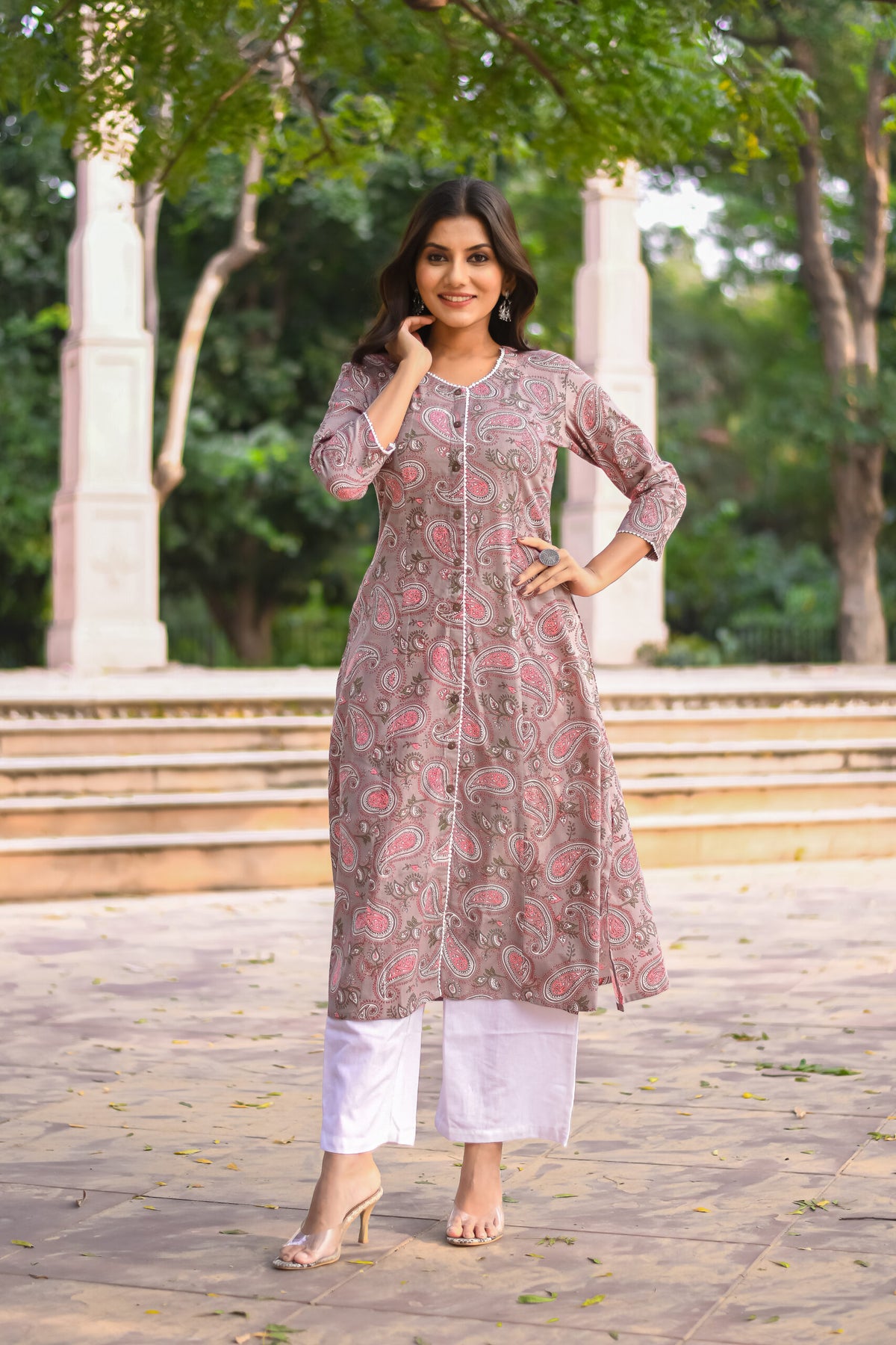 Grey Paiesly Printed A-Line kurta with Pocket