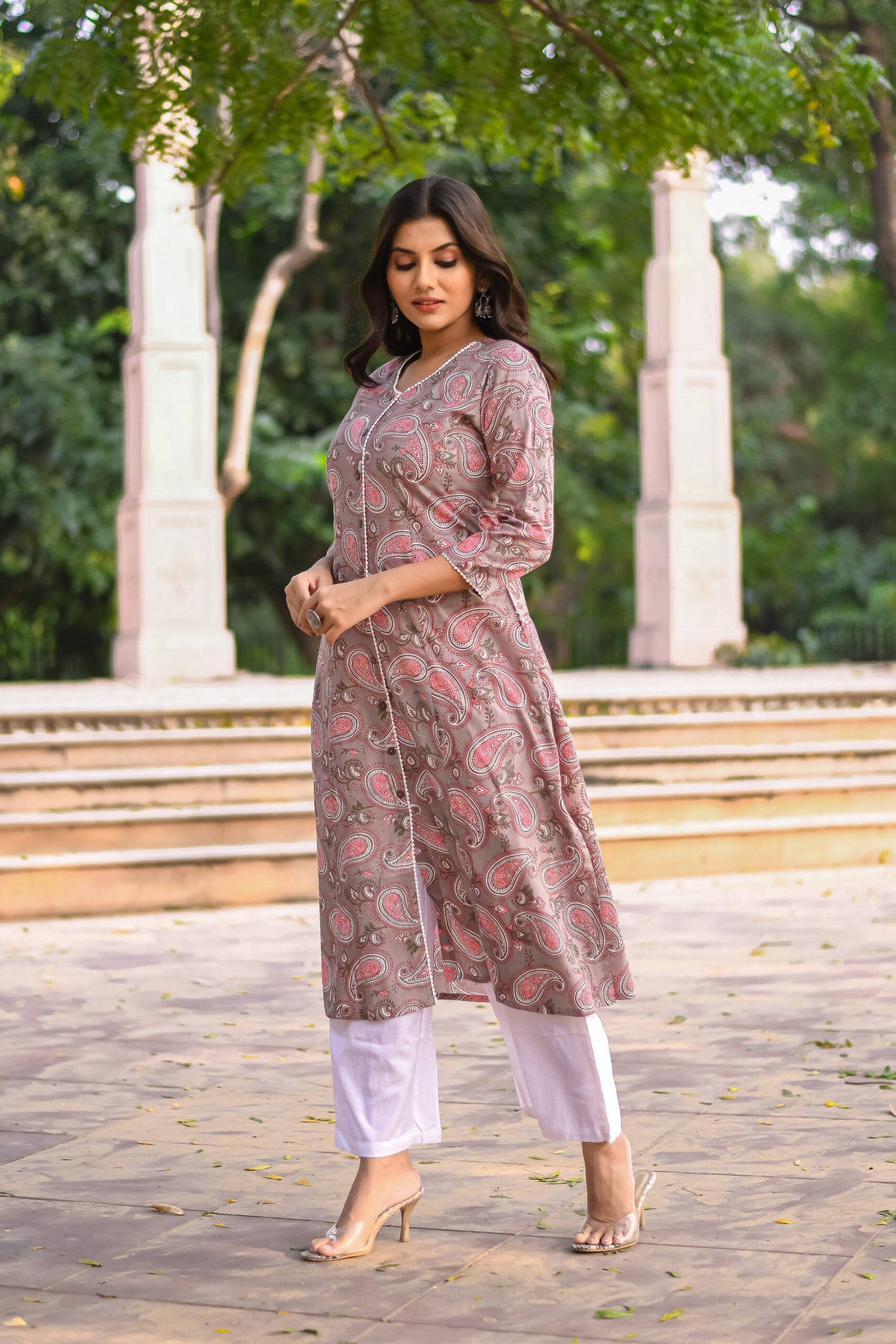 Grey Paisley Printed A-Line Kurta with Pocket