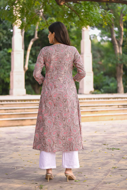 Grey Paisley Printed A-Line Kurta with Pocket