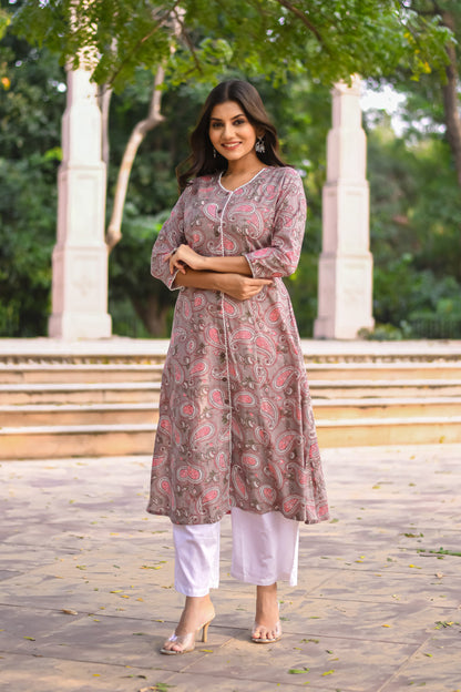 Grey Paisley Printed A-Line Kurta with Pocket