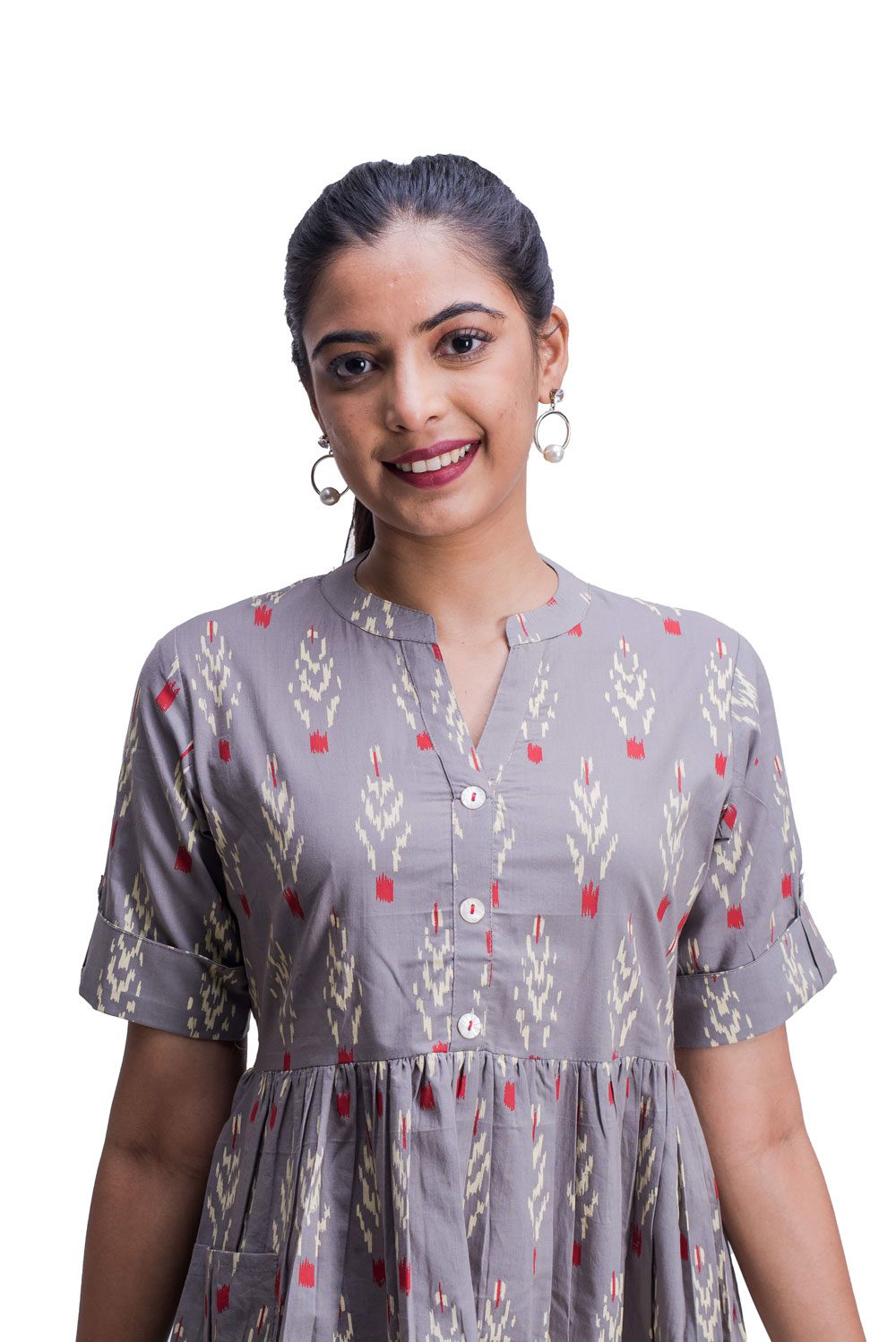 Grey Ikat Print Kurti with Pocket