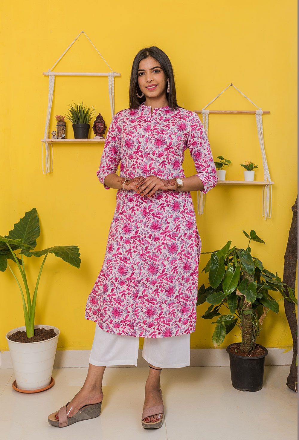 White and Pink Floral Print Kurti with Pocket