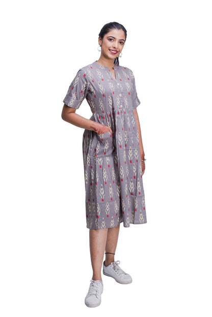 Grey Ikat Print Kurti with Pocket