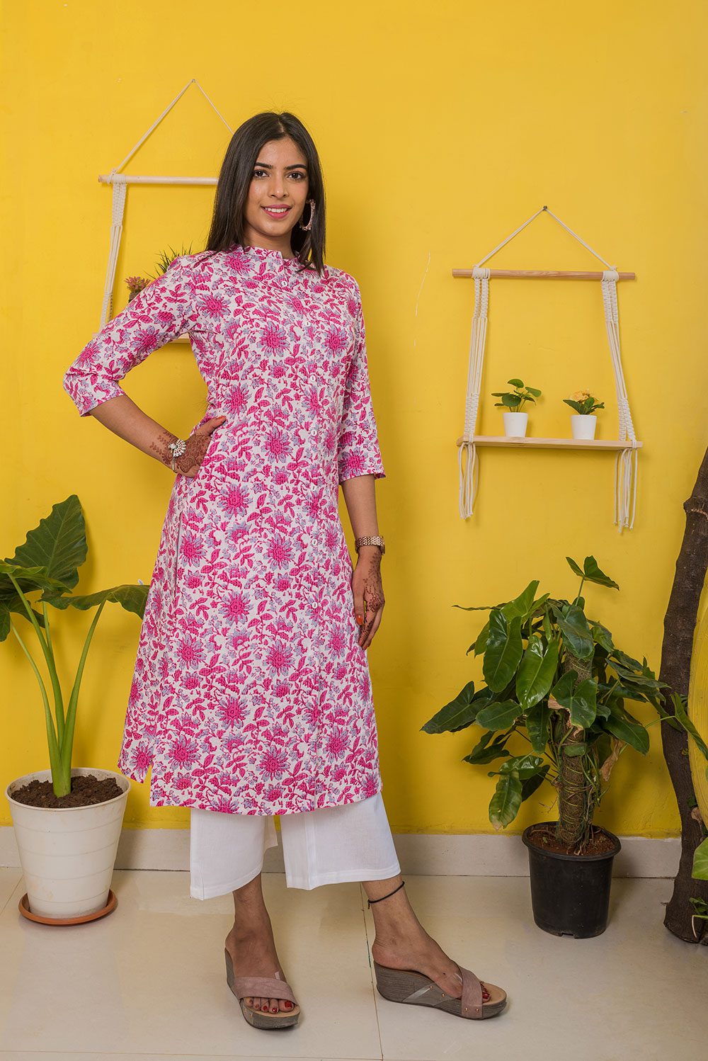 White and Pink Floral Print Kurti with Pocket