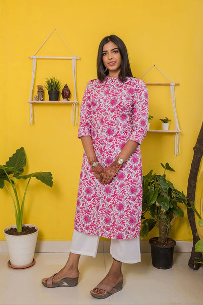 White and Pink Floral Print Kurti with Pocket