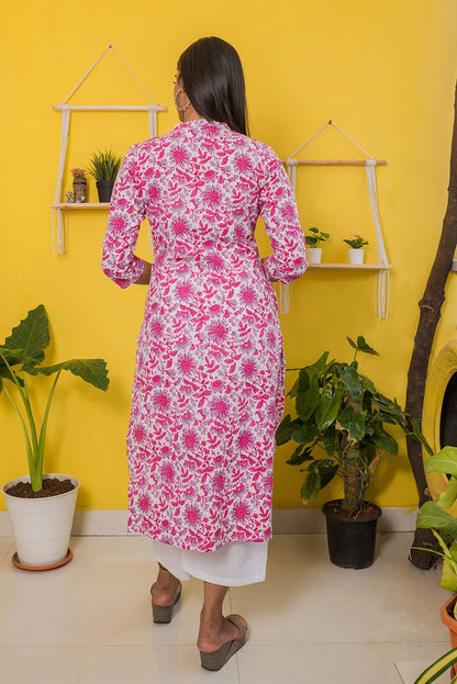 White and Pink Floral Print Kurti with Pocket