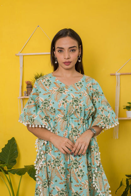 Aqua Floral Print Short Kaftan with Off White Pom Pom