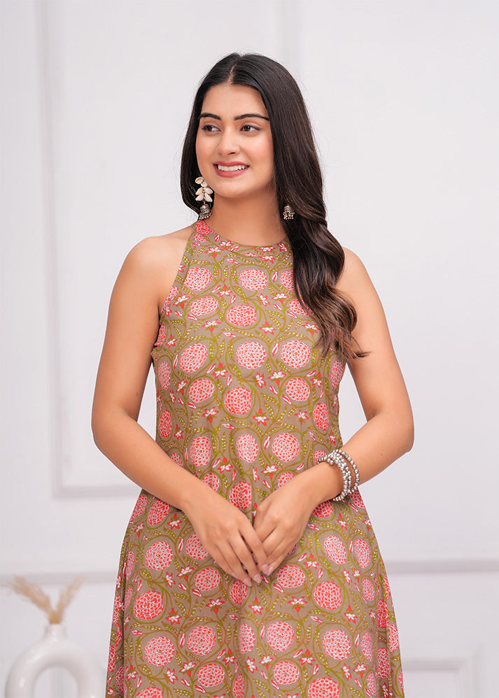 Olive Green floral printed cotton co-ord set
