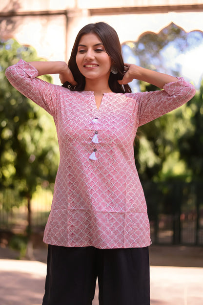 White and Mauve Motif print Tunic with Tassels