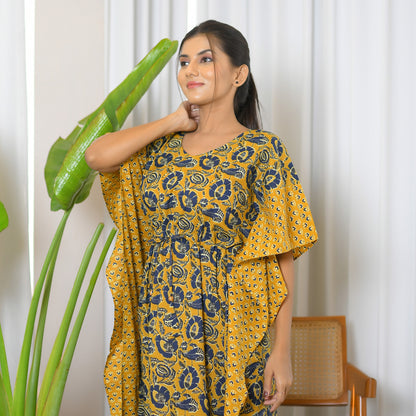 Mustard Yellow Floral & Motif Printed Mix & Match Long Kaftan