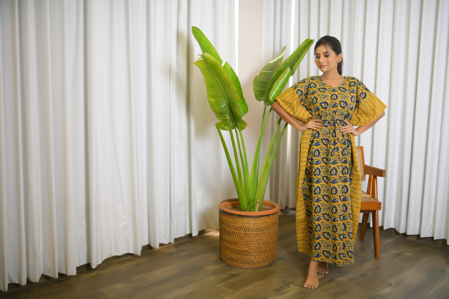 Mustard Yellow Floral & Motif Printed Mix & Match Long Kaftan