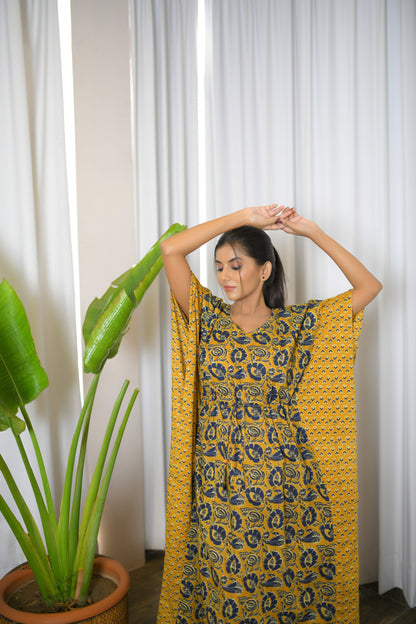 Mustard Yellow Floral & Motif Printed Mix & Match Long Kaftan