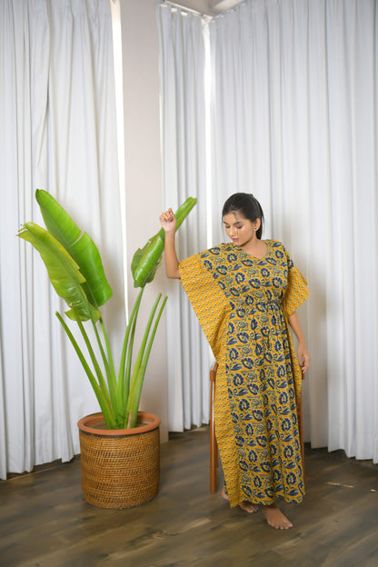 Mustard Yellow Floral & Motif Printed Mix & Match Long Kaftan