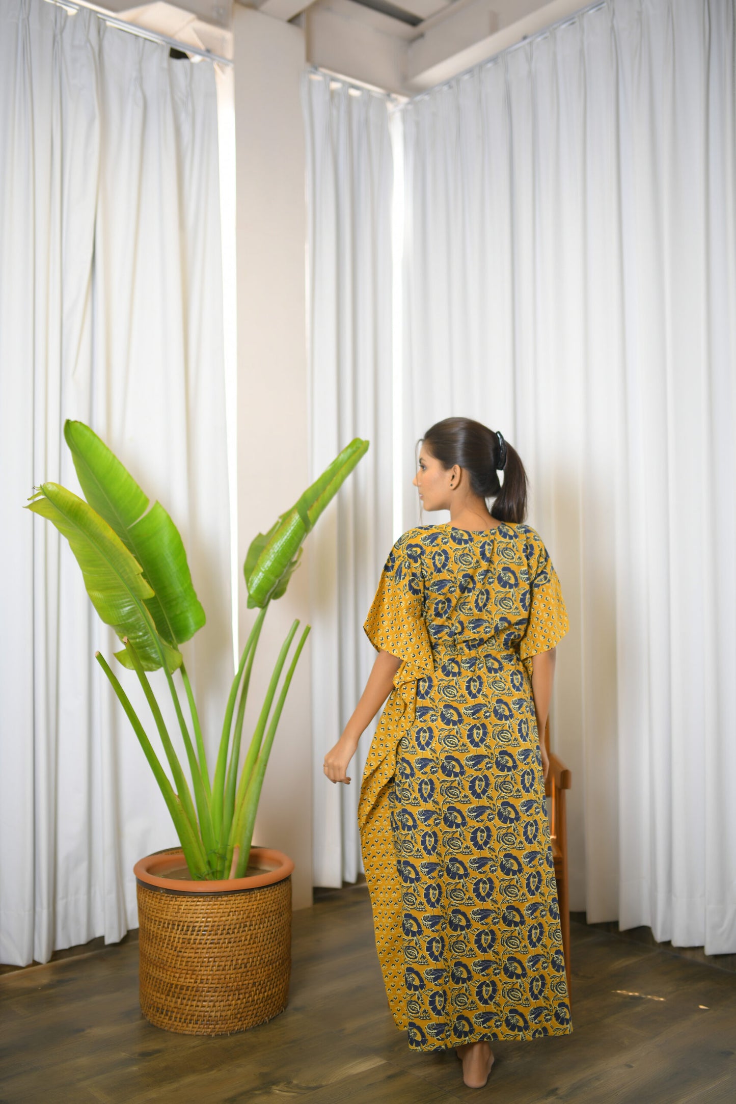 Mustard Yellow Floral & Motif Printed Mix & Match Long Kaftan