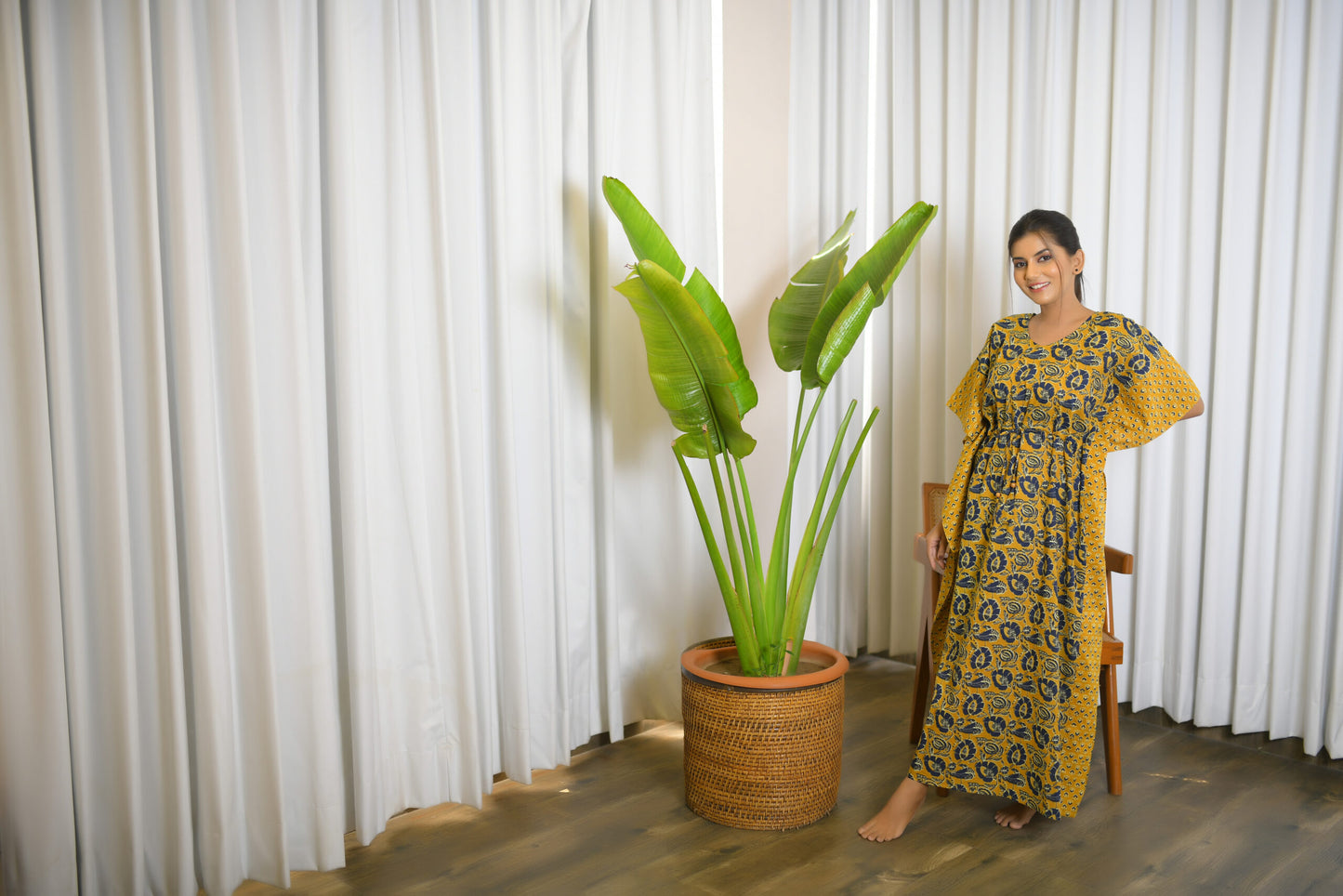 Mustard Yellow Floral & Motif Printed Mix & Match Long Kaftan