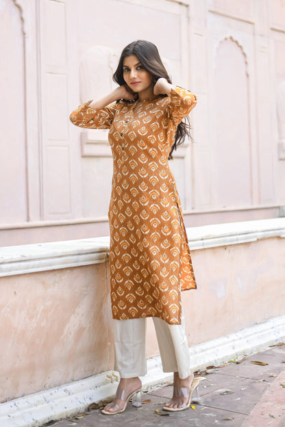 Mustard Yellow Motif Printed Straight Kurta with Pocket