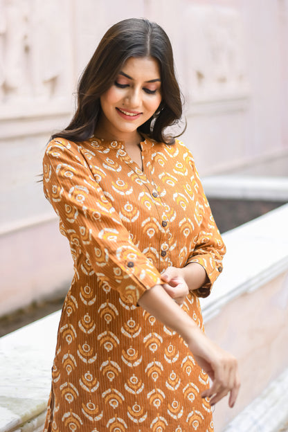 Mustard Yellow Motif Printed Straight Kurta with Pocket