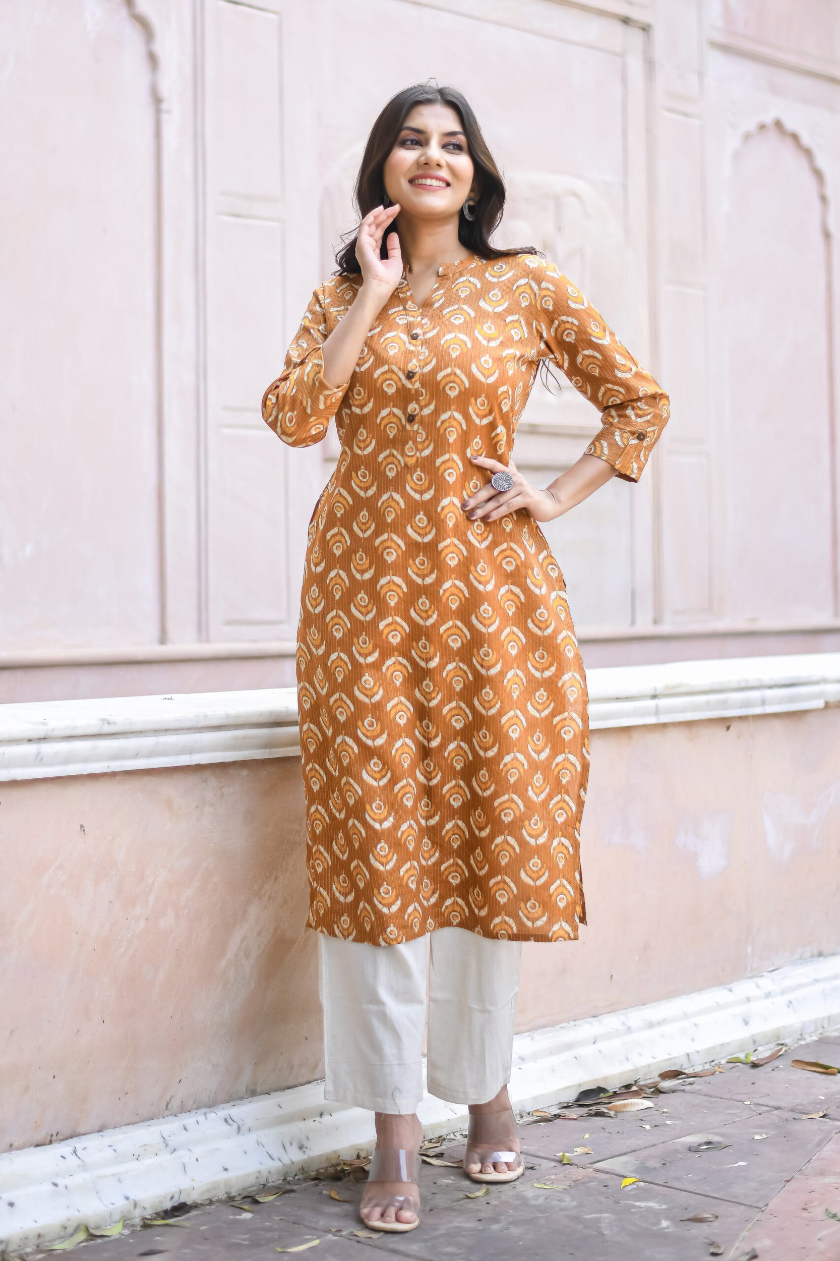 Mustard Yellow Petal Motif print Straight Cut kurta