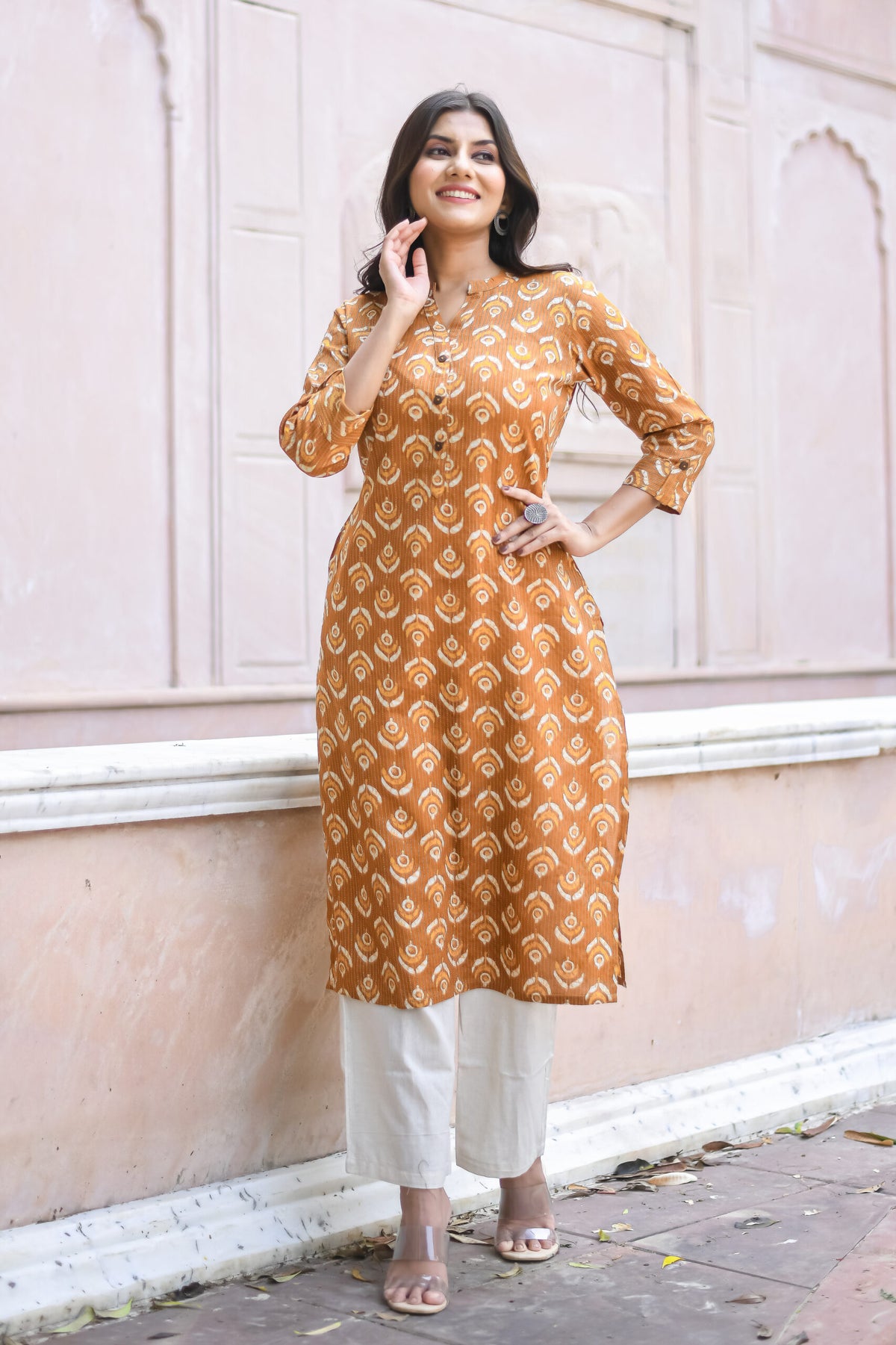 Mustard Yellow Petal Motif print Straight Cut kurta