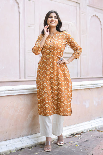 Mustard Yellow Motif Printed Straight Kurta with Pocket