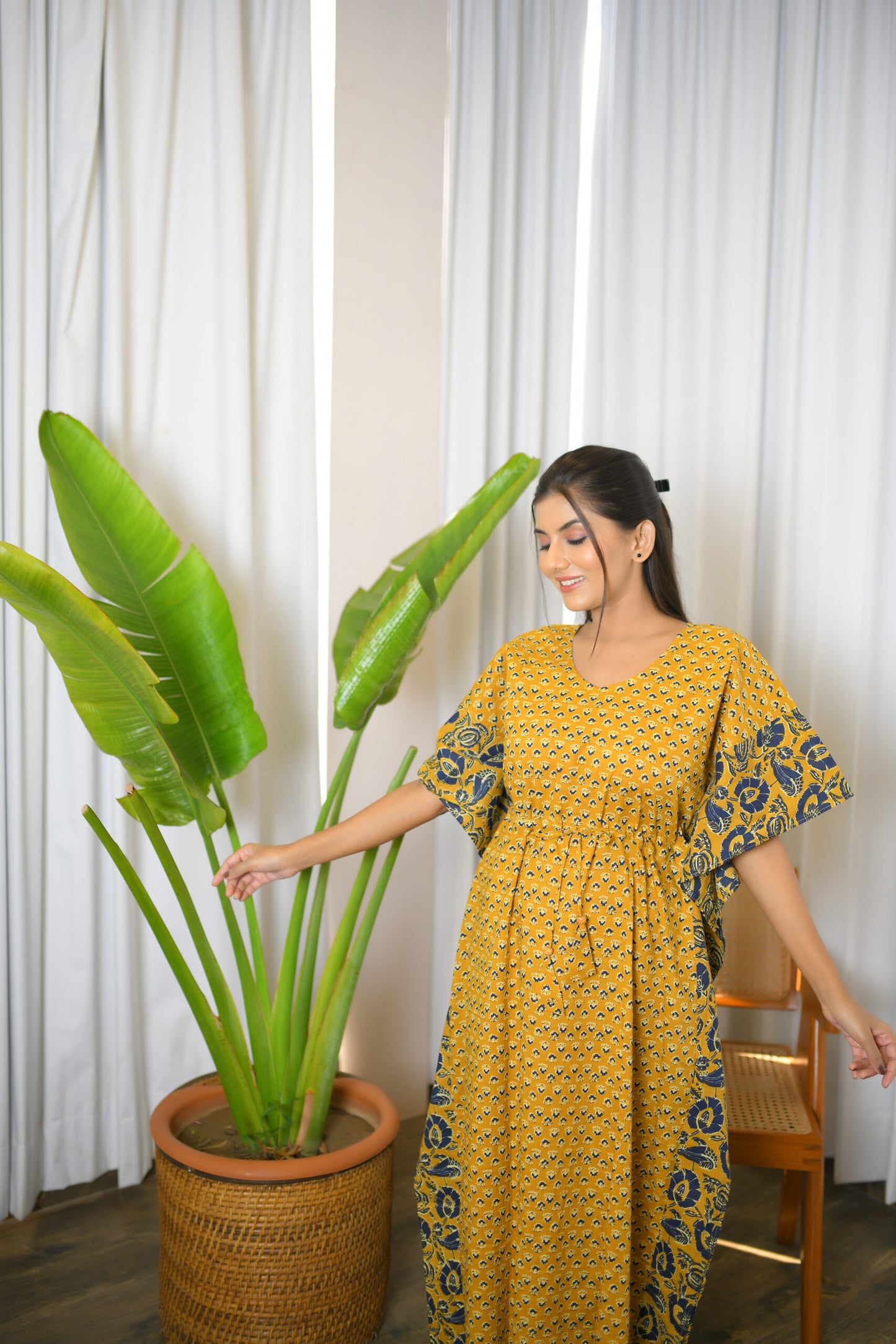 Mustard Yellow Motif & Floral Printed Mix & Match Long Kaftan