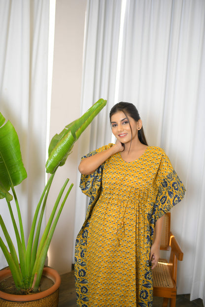 Mustard Yellow Motif & Floral Printed Mix & Match Long Kaftan