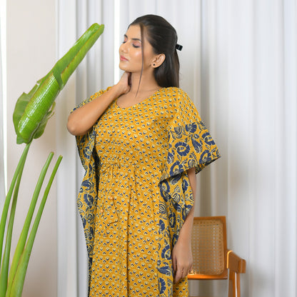 Mustard Yellow Motif & Floral Printed Mix & Match Long Kaftan