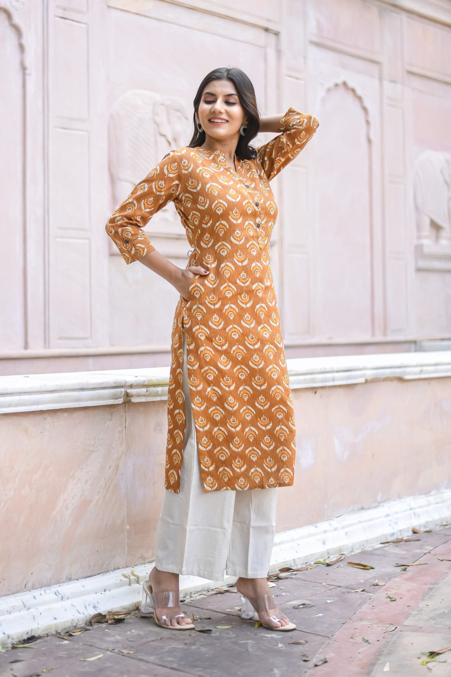 Mustard Yellow Motif Printed Straight Kurta with Pocket