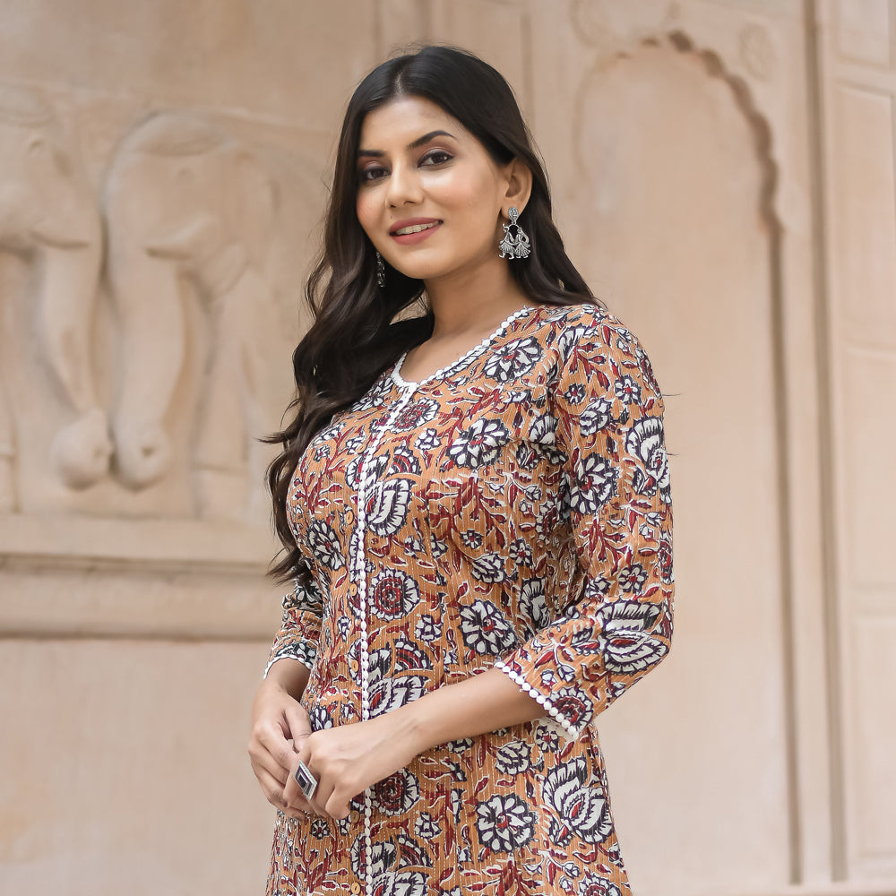 Mustard Yellow Floral Print A-Line Kurta with Pocket
