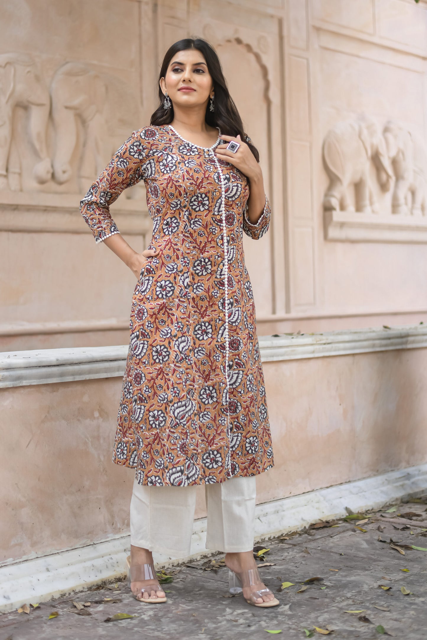 Mustard Yellow Vine Printed A-Line Kurta with Pocket