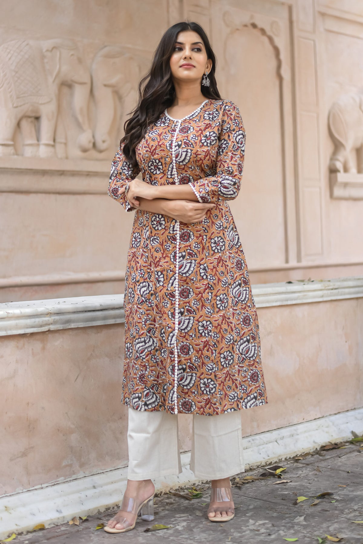 Mustard Yellow Floral Print A-Line Kurta with Pocket