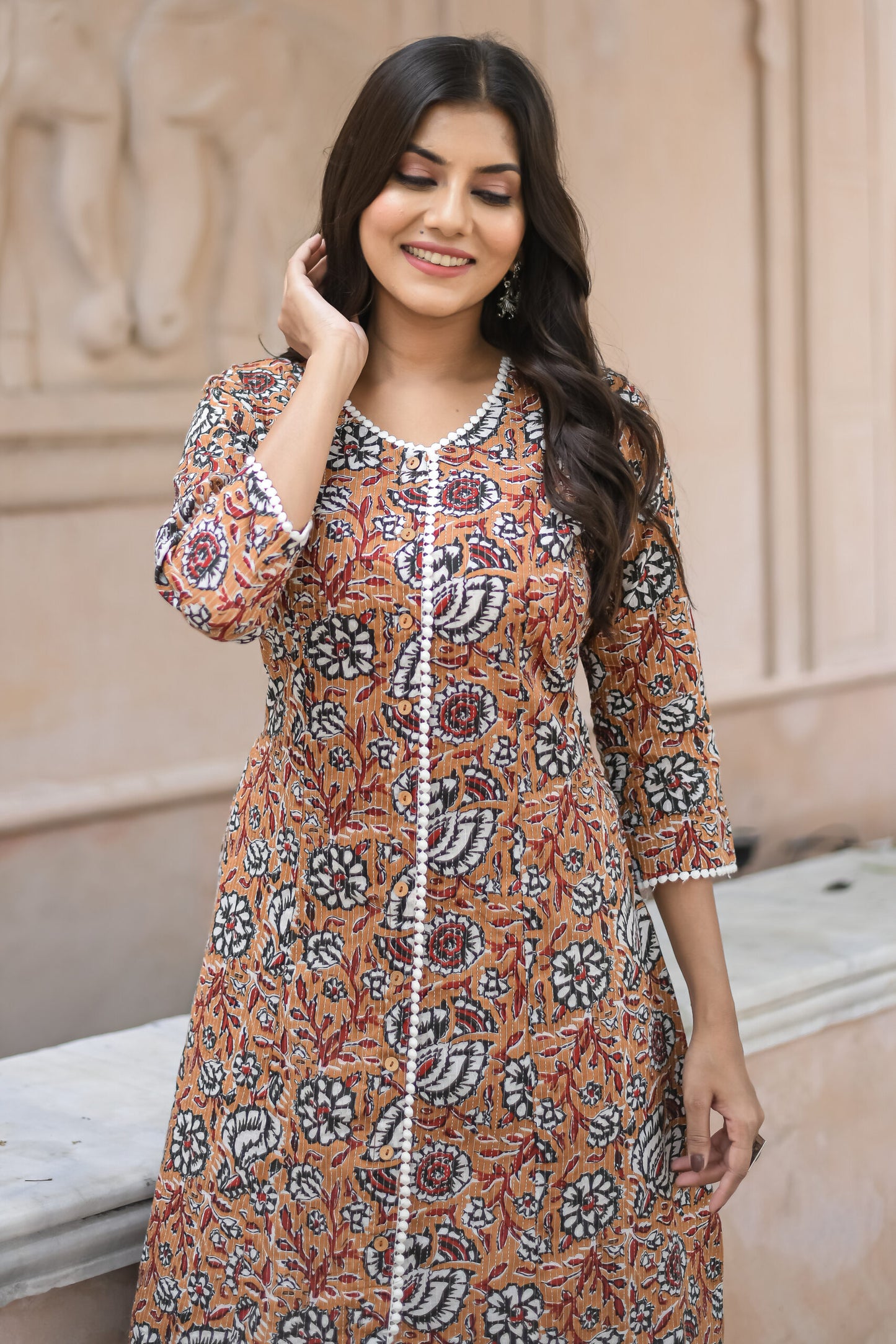 Mustard Yellow Vine Printed A-Line Kurta with Pocket