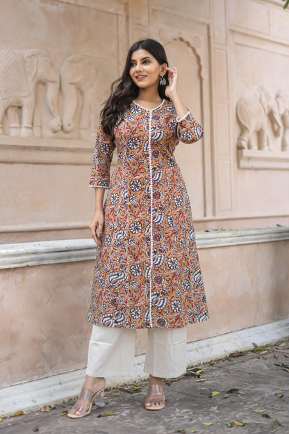 Mustard Yellow Vine Printed A-Line Kurta with Pocket