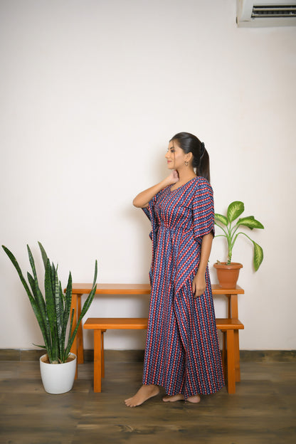 Navy Blue Ajrakh Printed Long Kaftan