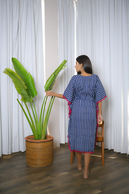 Navy Blue & White Ajrakh Printed Short Kaftan with Pink Pom Pom Lace