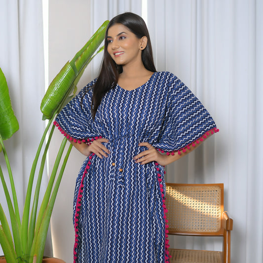 Navy Blue & White Ajrakh Printed Short Kaftan with Pink Pom Pom Lace