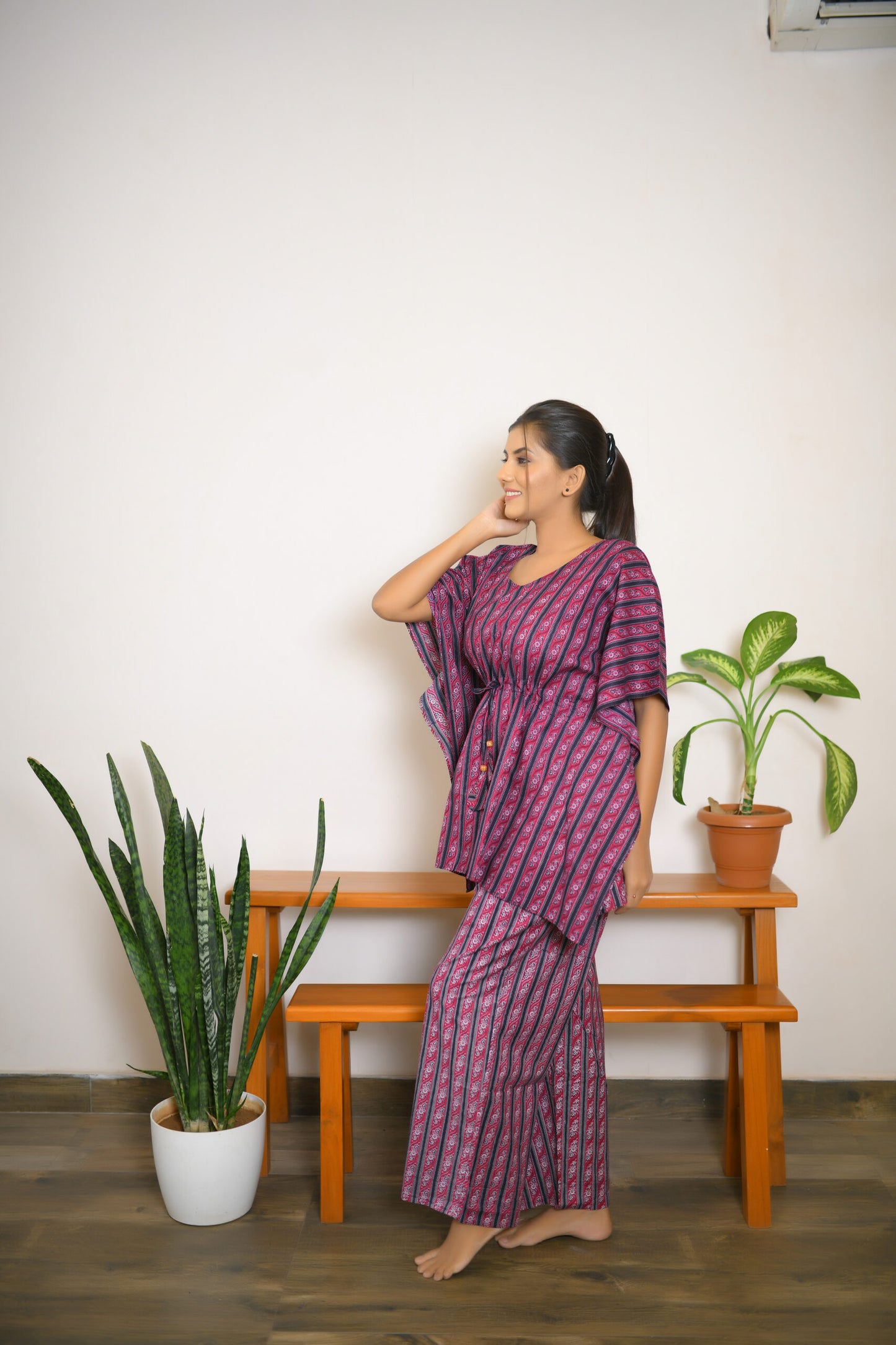 Navy Blue & Pink Stripes Printed Kaftan Set