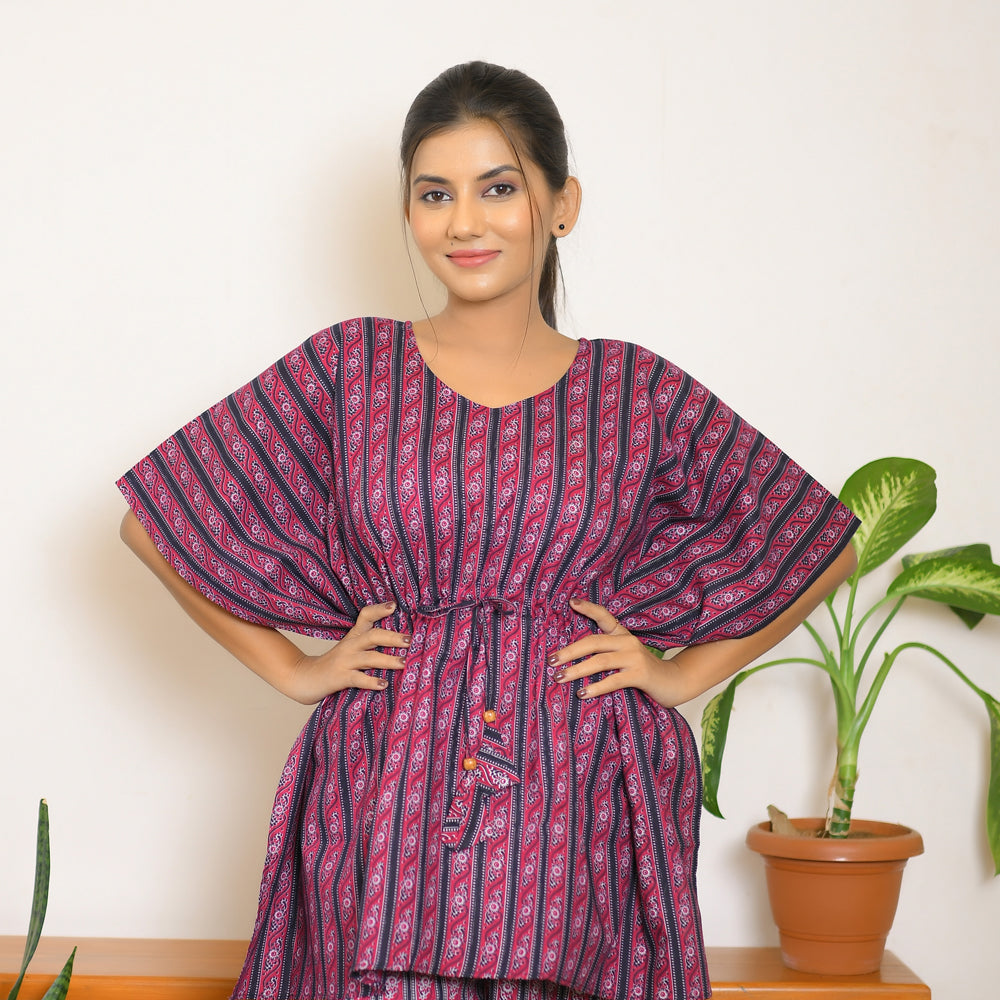 Navy Blue & Pink Stripes Printed Kaftan Set