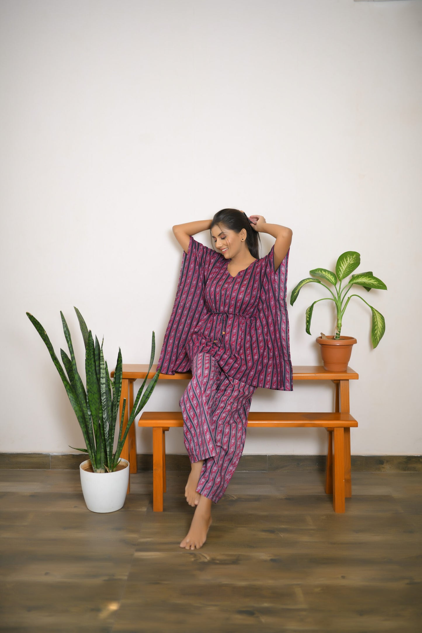 Navy Blue & Pink Stripes Printed Kaftan Set